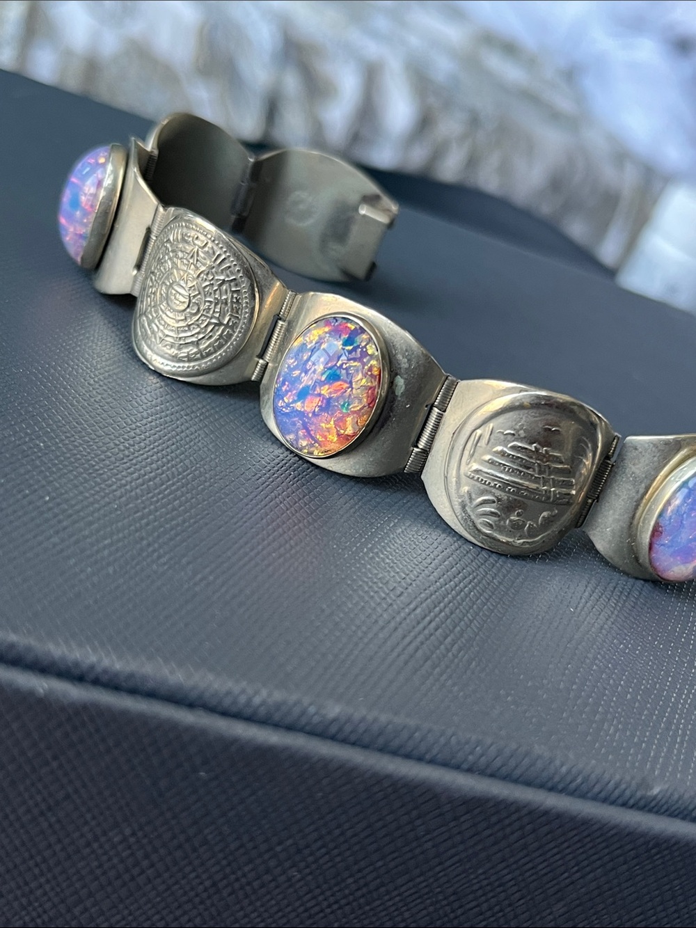 Vintage Taxco Aztec Mexico Panel Silver bracelet Dragon glass 7.5”